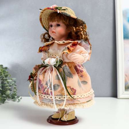 Кукла коллекционная Зимнее волшебство керамика «Клара в платье с розами шляпке и с корзинкой» 30 см