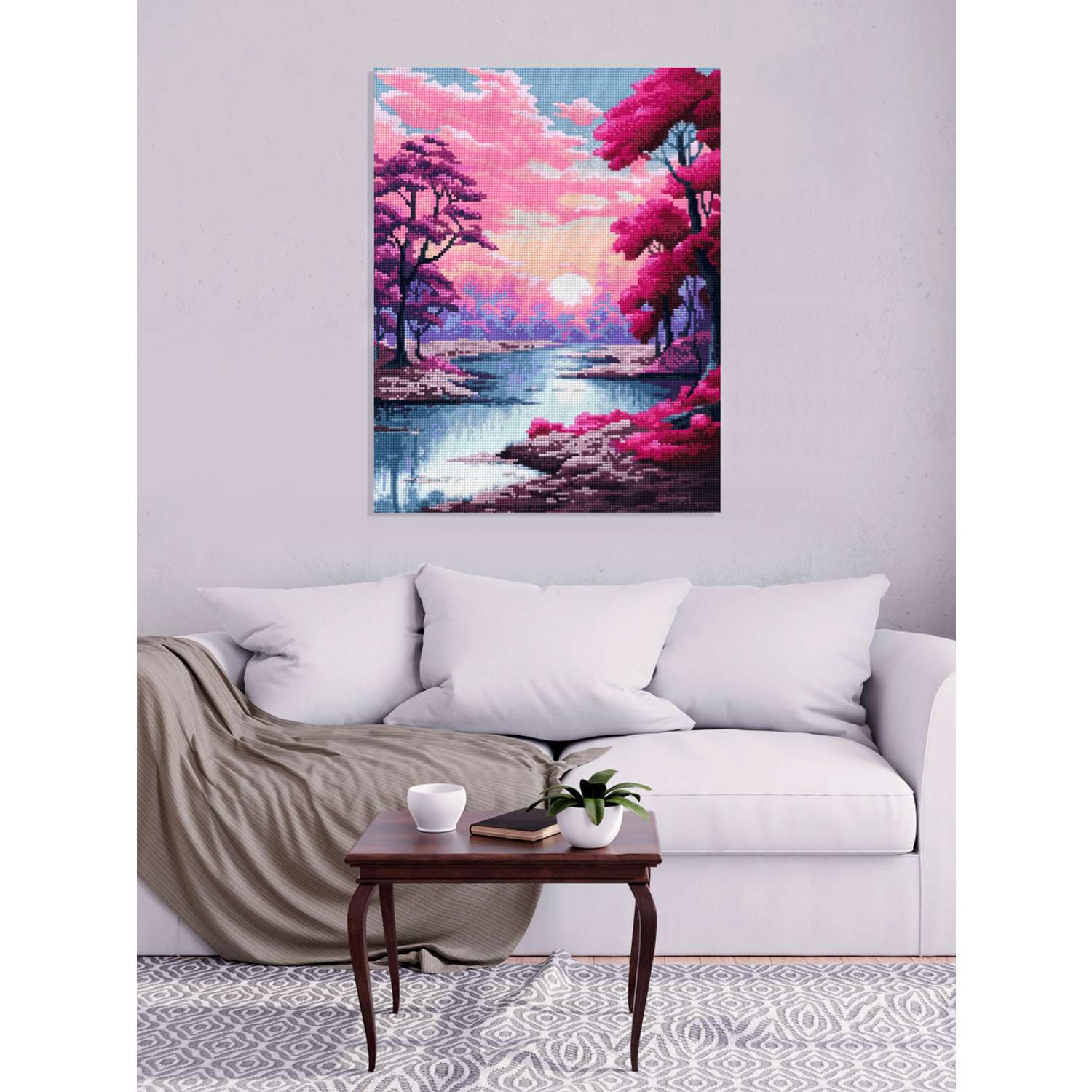 Алмазная мозаика Kiki Холст на подрамнике 40х50 см Розовый пейзаж полная выкладка - фото 3