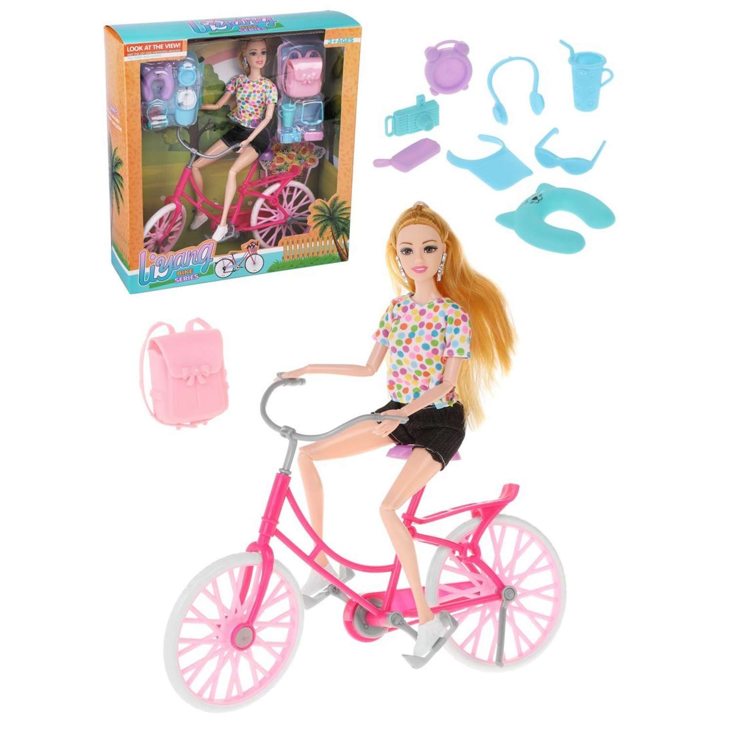 Кукла на велосипеде Наша Игрушка в комплекте 12 предметов для игры 801352 - фото 1