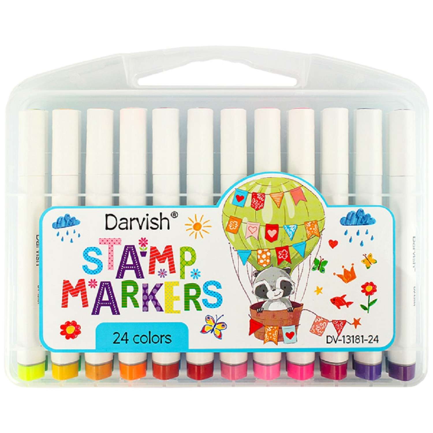Фломастеры-кисти 24 цвета Darvish со штампами в пластиковом футляре для рисования - фото 1