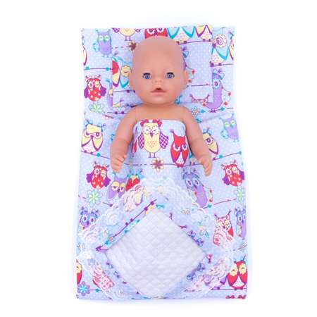 Комплект Модница для пупса 43-48 см: одеяло в пододеяльнике подушка и матрасик ярко-голубой