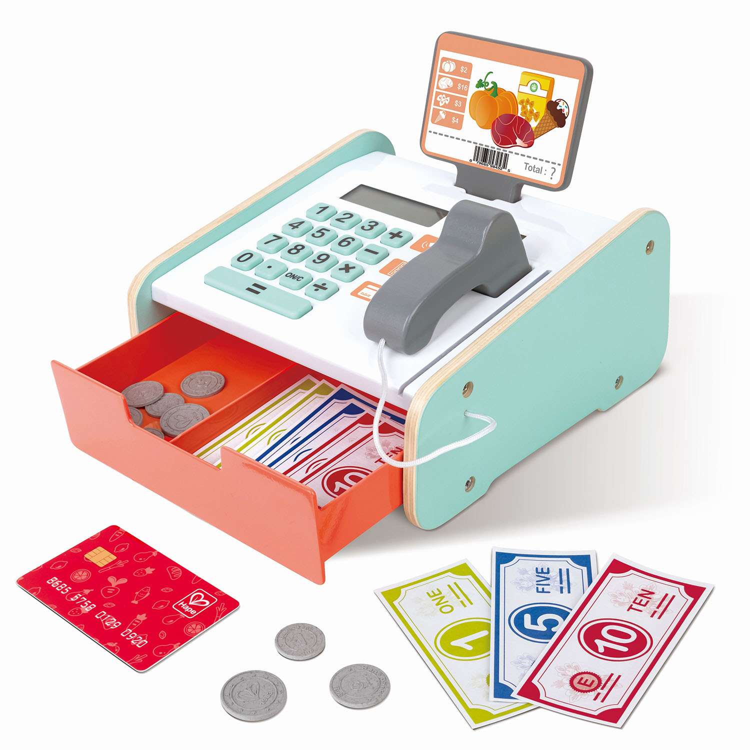 Игрушка детская деревянная HAPE Касса с бумажными деньгами монетами пластиковой картой и сканером товаров - фото 1