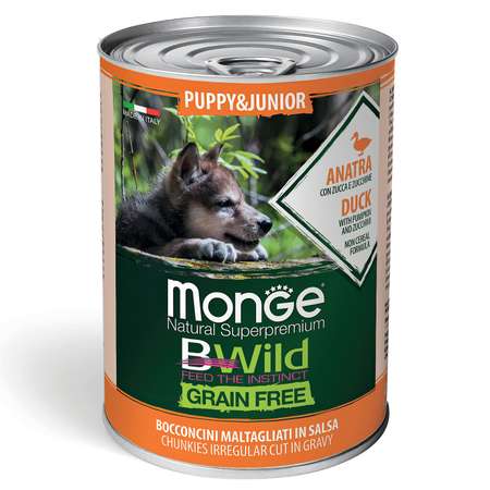 Корм для щенков MONGE BWild Grain free из утки с тыквой и кабачками консервированный 400г