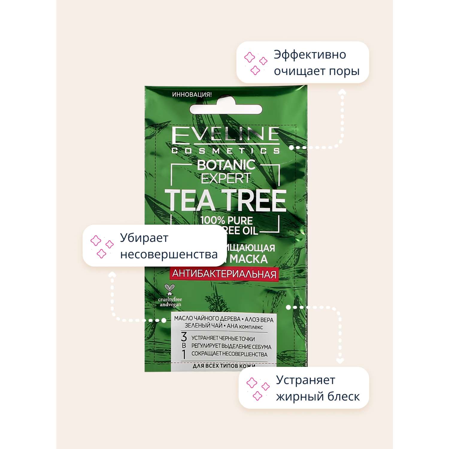 Маска для лица EVELINE Botanic expert tea tree 3 в 1 антибактериальная гелевая глубоко очищающая 7 мл - фото 6