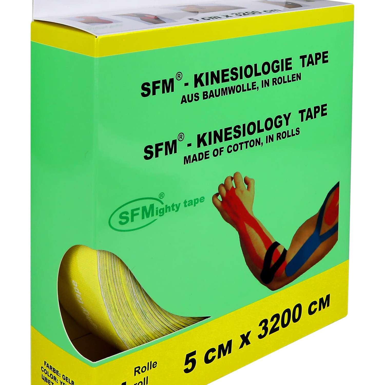 Кинезиотейп SFM Hospital Products Plaster на хлопковой основе 5х3200 см желтого цвета в диспенсере с логотипом - фото 1