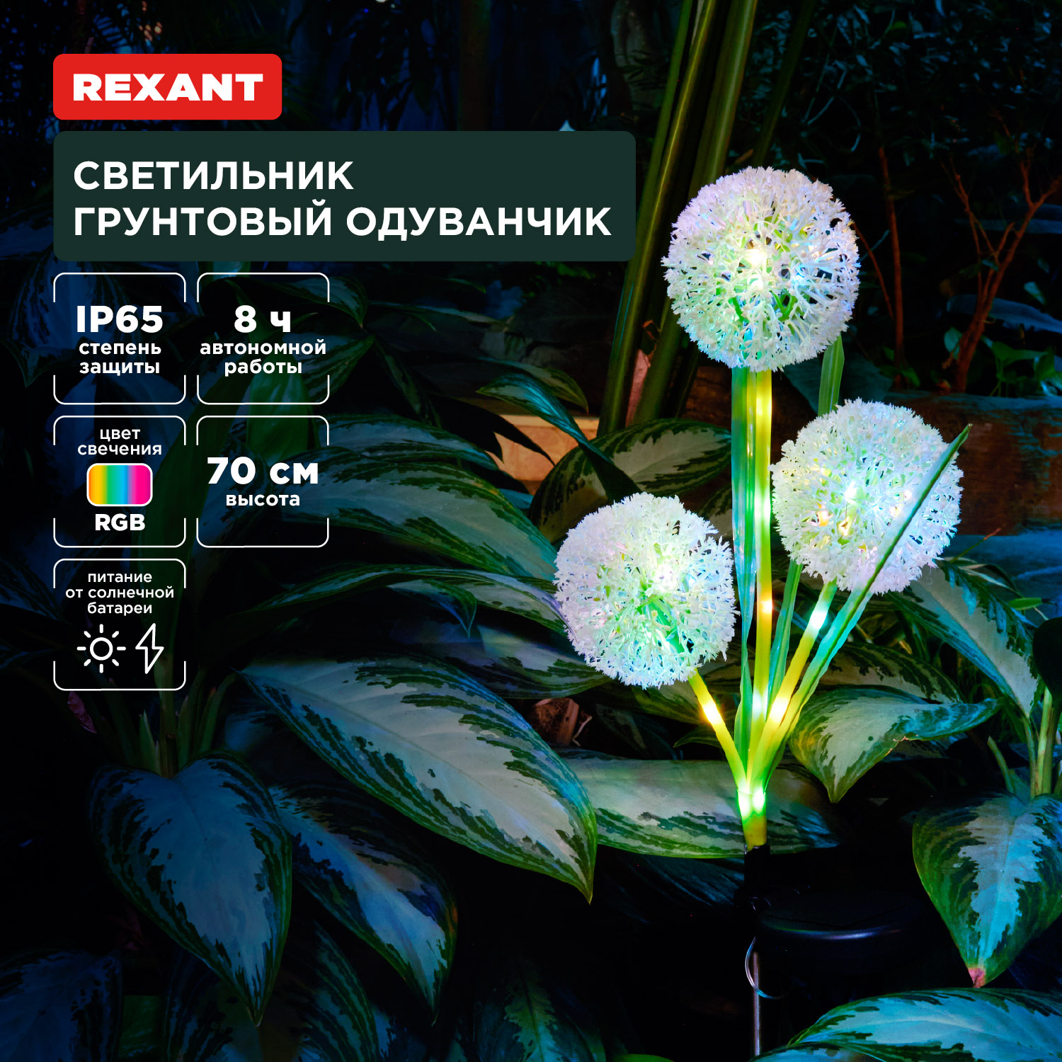 Светильник REXANT грунтовый Одуванчик RGB со встроенным аккумулятором и солнечной панелью - фото 1