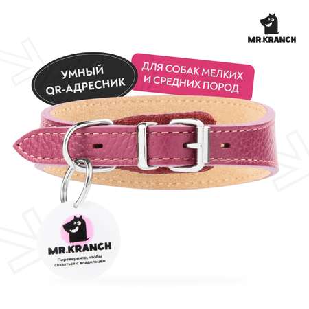 Ошейник-селедка для собак Mr.Kranch из натуральной кожи с QR-адресником 21-25см Малиновый