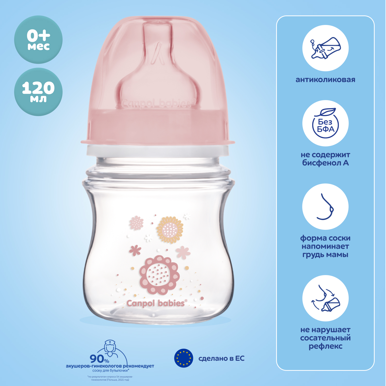 Бутылочка Canpol Babies Newborn baby EasyStart с широким горлышком антиколиковая 120мл с 0месяцев Розовый - фото 1