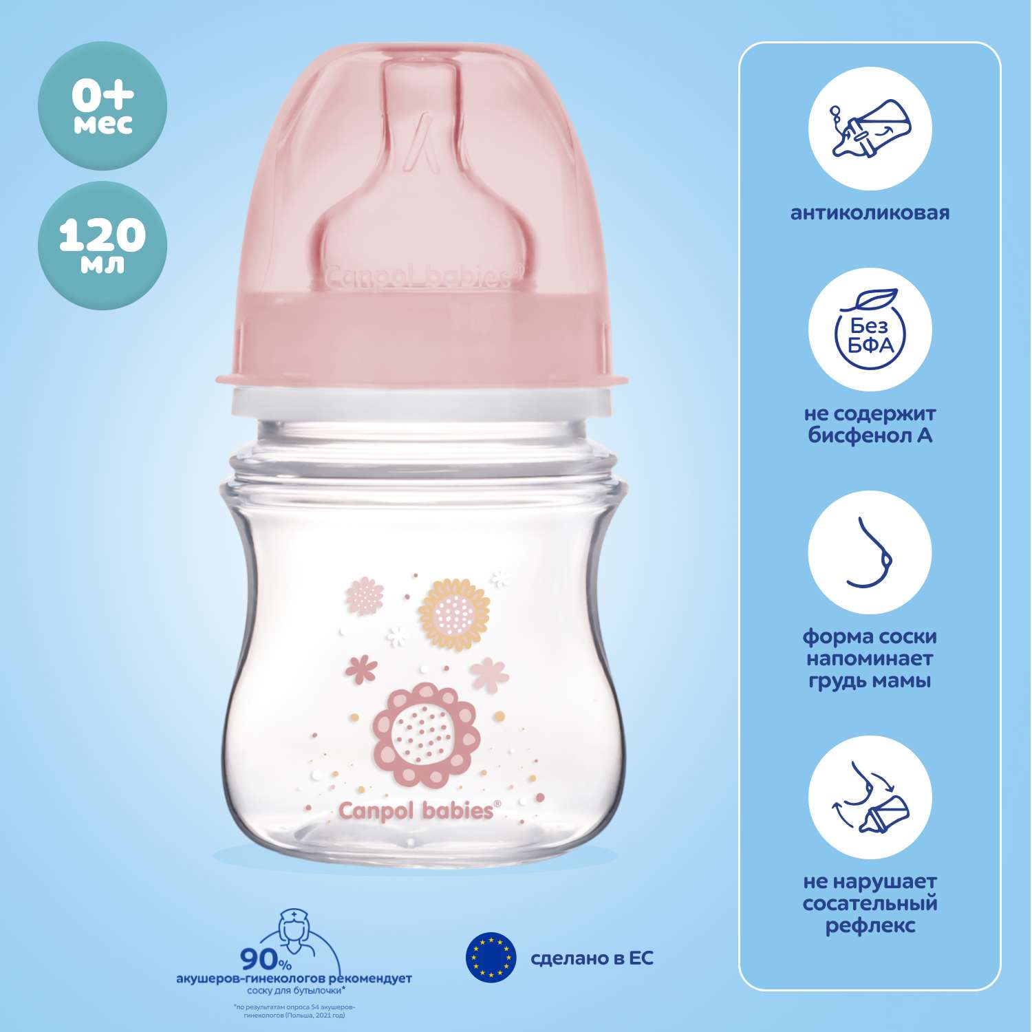 Бутылочка Canpol Babies Newborn baby EasyStart с широким горлышком антиколиковая 120мл с 0месяцев Розовый - фото 1