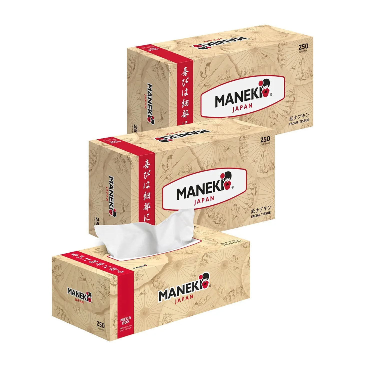 Салфетки бумажные Maneki Kabi 2 слоя белые 250 шт 3 упаковки - фото 1