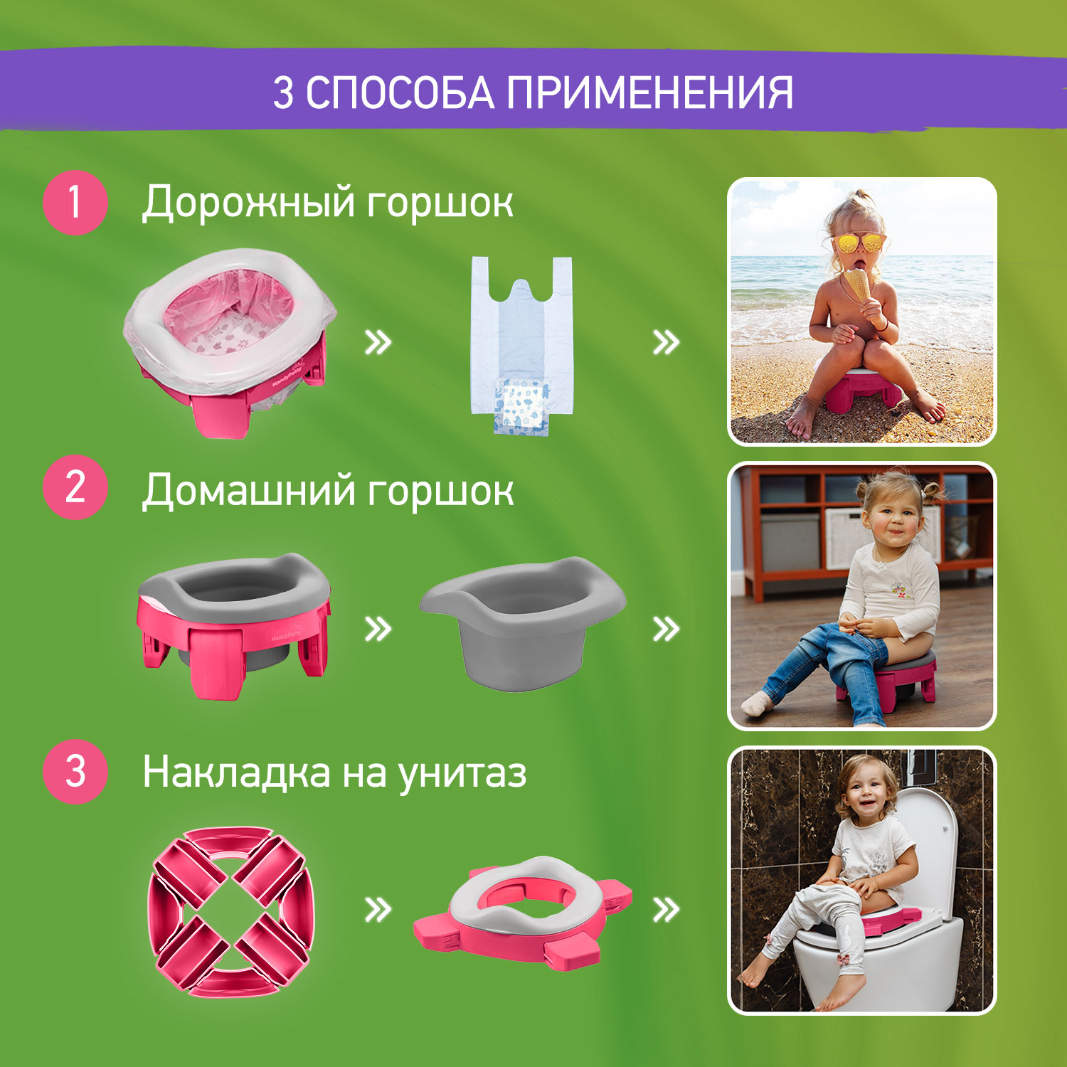 Горшок дорожный ROXY-KIDS складной с многоразовой вкладкой handy potty 3 в 1 цвет фуксия серый - фото 5