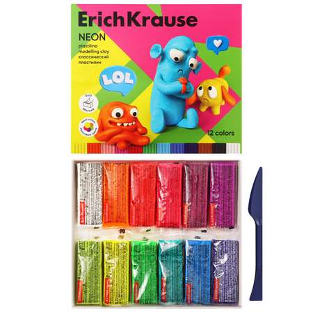 Пластилин ERICH KRAUSE 12 цветов 216 г ErichKrause «Jolly Friends Neon» со стеком в картонной упаковке
