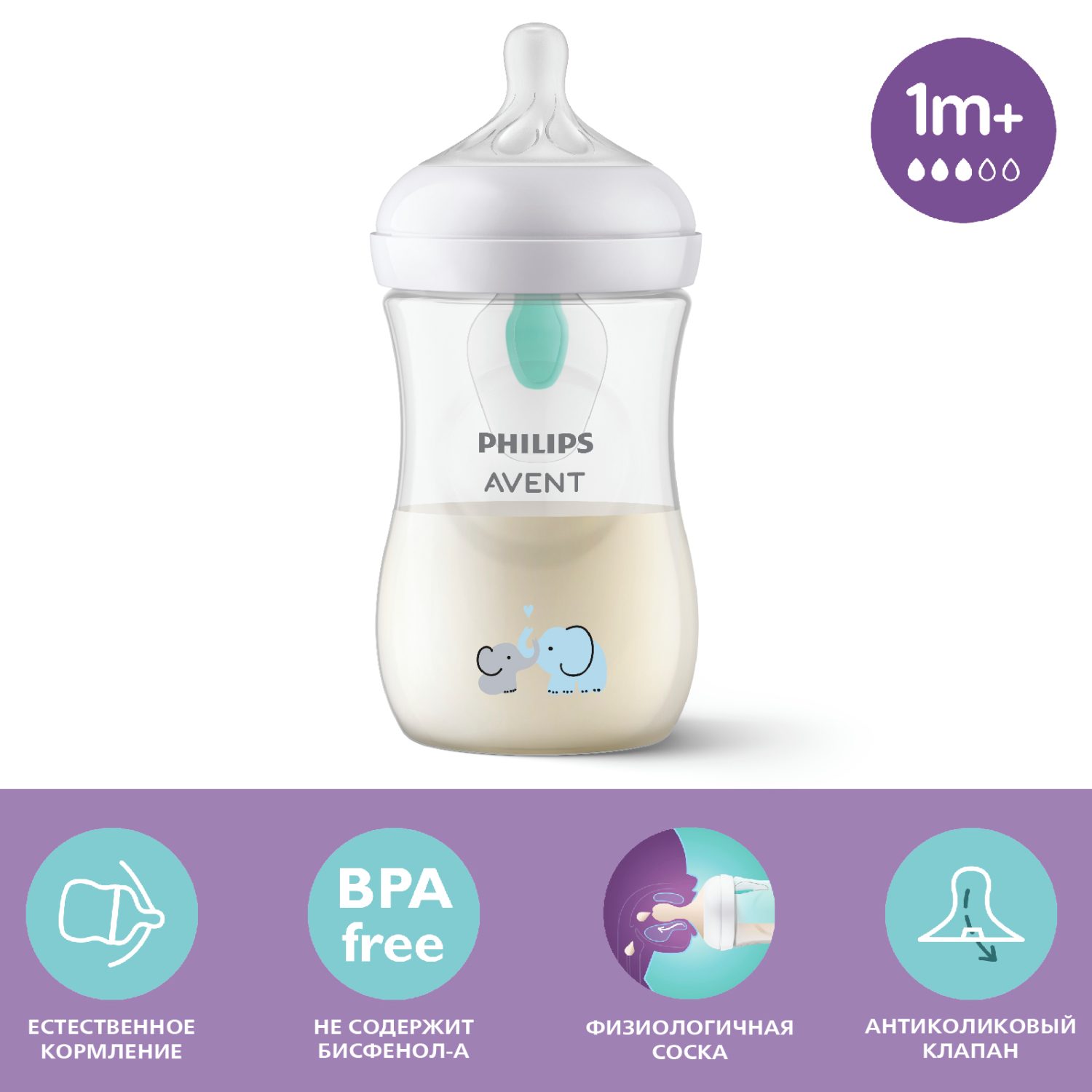 Бутылочка для кормления Philips Avent Natural Response Слоники с клапаном  AirFree 260мл с 1месяца SCY673/81