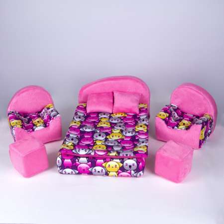 Набор мебели для кукол Belon familia кровать и 2 кресла/ принт хор котят с малиновым плюшем