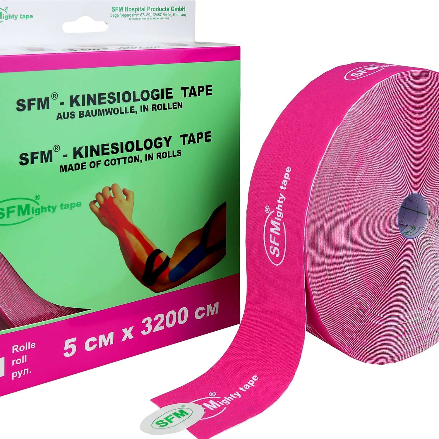 Кинезиотейп SFM Hospital Products Plaster на хлопковой основе 5х3200 см розового цвета в диспенсере с логотипом - фото 2