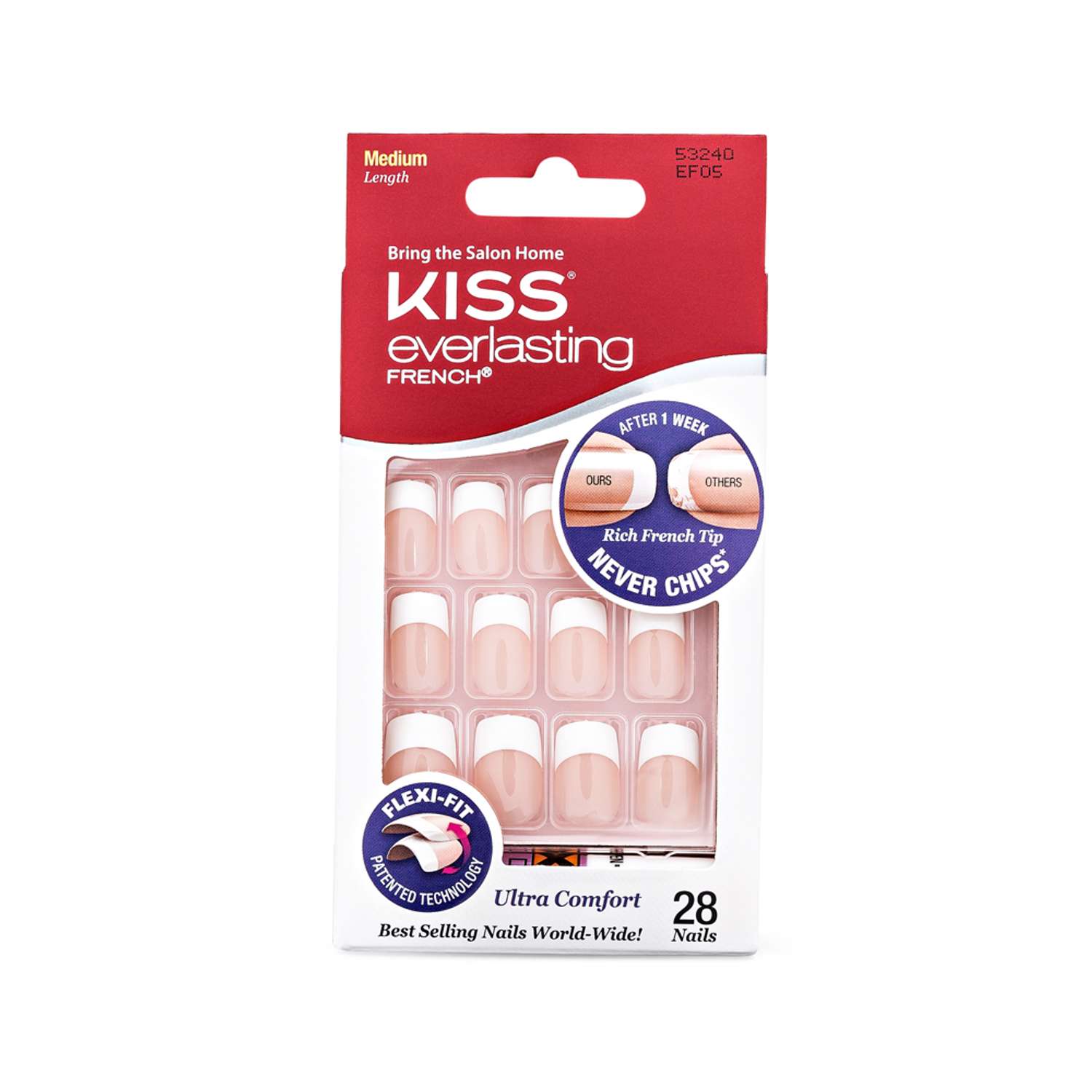 Накладные ногти Kiss с клеем Ультра стойкий французский маникюр для классической формы 28 шт - фото 1