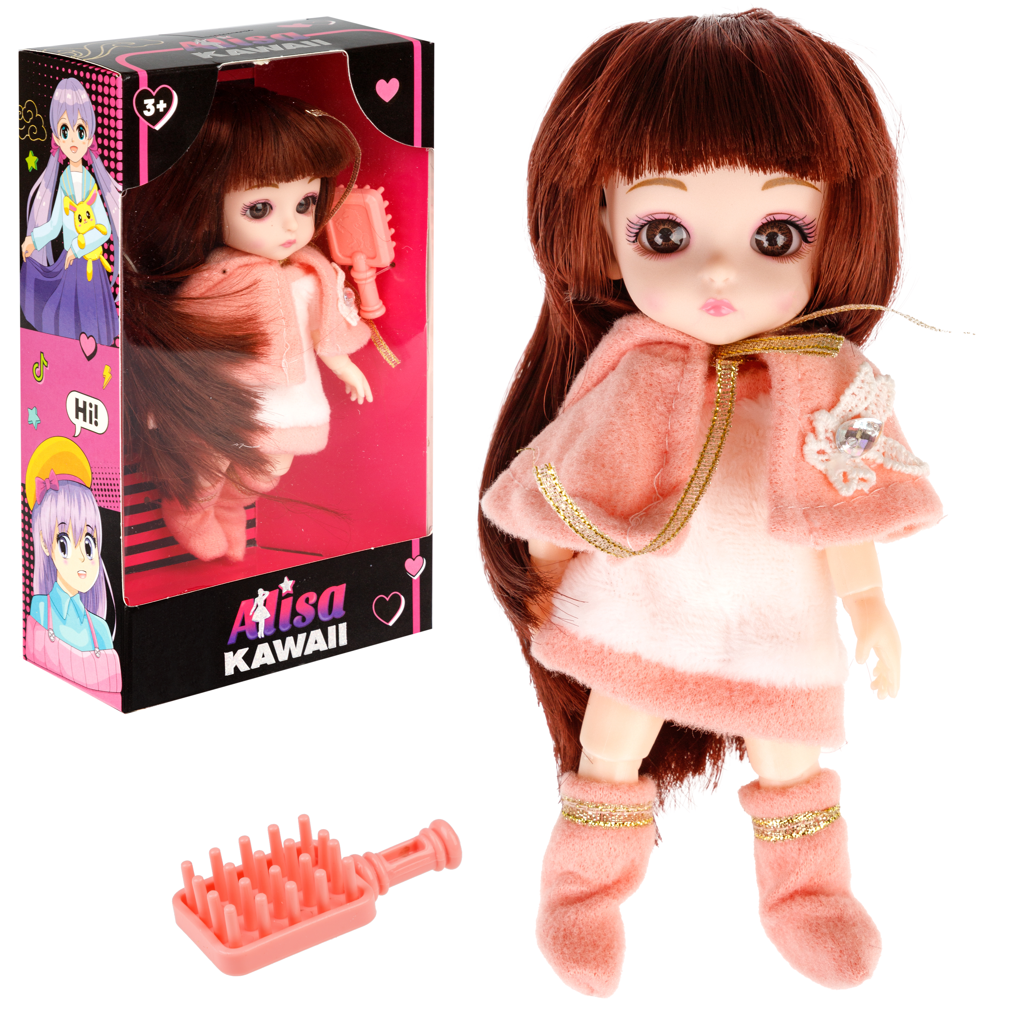 Кукла шарнирная 15 см 1TOY Alisa Kawaii mini с расчёской длинные темные волосы в накидке Т24354 - фото 9