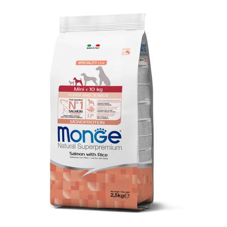 Корм для щенков MONGE 2.5кг Dog Speciality Line Monoprotein мелких пород лосось-рис