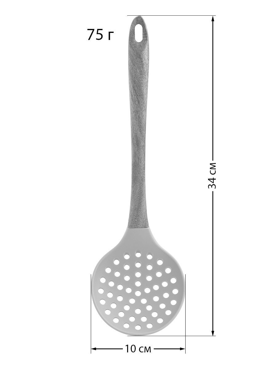 Шумовка DeNASTIA силикон с ручкой из акации 34x10 см серый A000147 - фото 3