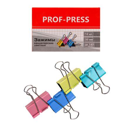 Зажим для бумаг Prof-Press цветной 32мм набор 12шт в карт коробке