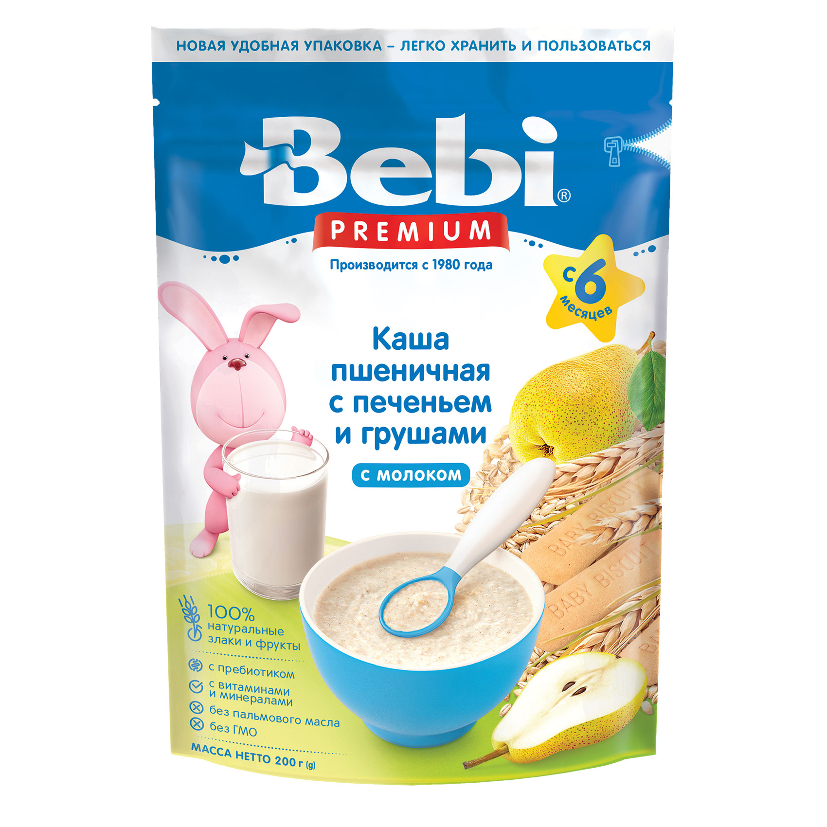 Каша молочная Bebi Premium пшеничная печенье-груша 200г с 6месяцев - фото 1
