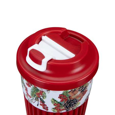 Стакан для горячих напитков Phibo с клапаном и Новогодним декором Хлопок 350мл бордовый