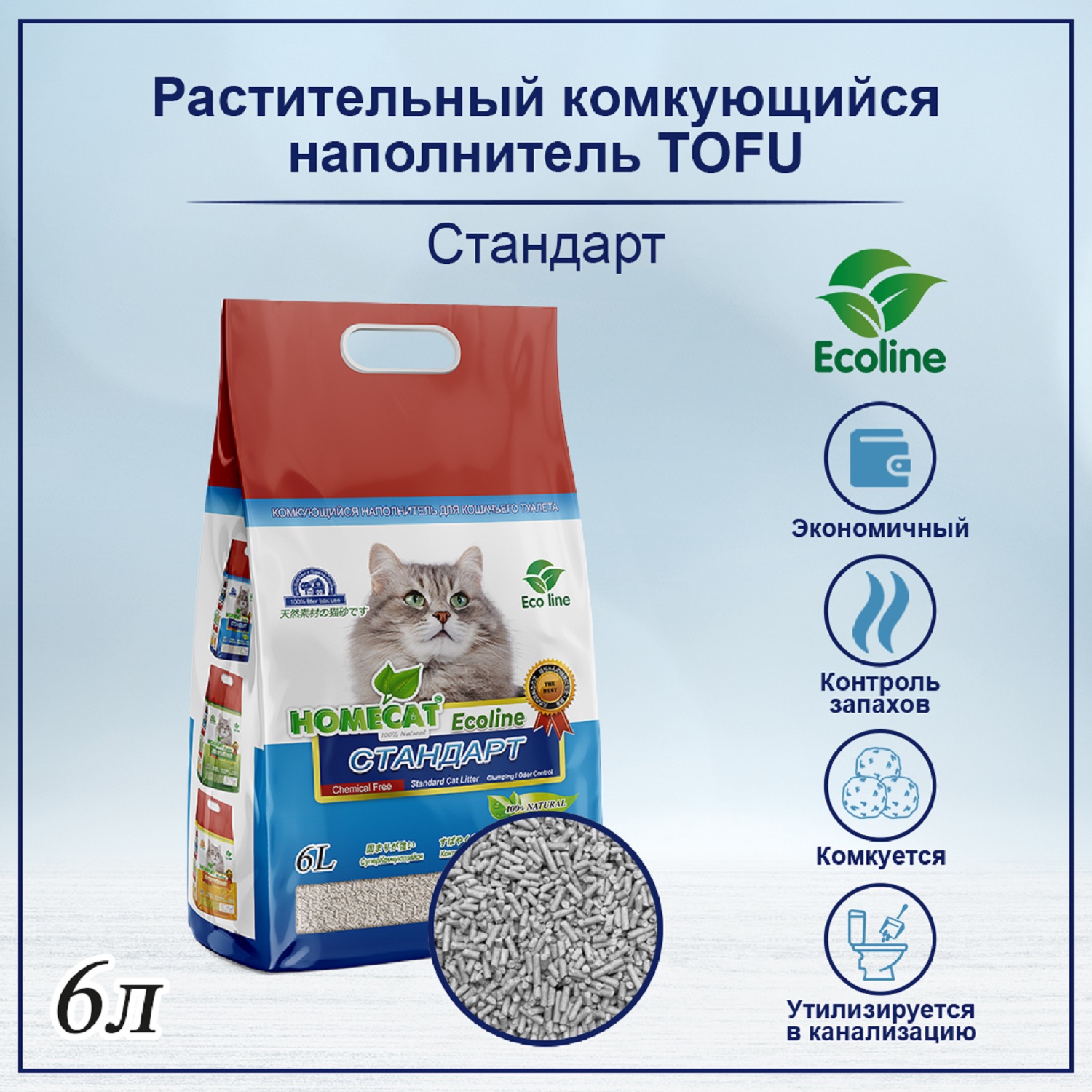 Наполнитель для кошачьих туалетов HOMECAT Ecoline стандарт комкующийся 6л - фото 2