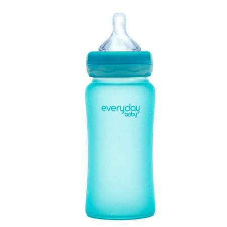 Бутылочка Everyday Baby Healthy стеклянная с индикатором температуры и силиконовым покрытием 240 мл бирюзовый