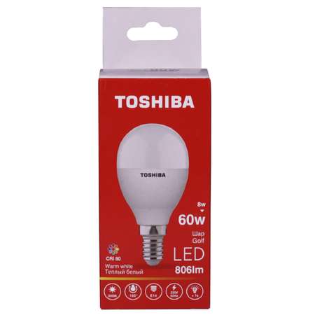Лампа светодиодная Toshiba 8 Вт Е14 60W шар G45 3000 K теплый свет 220В матовая