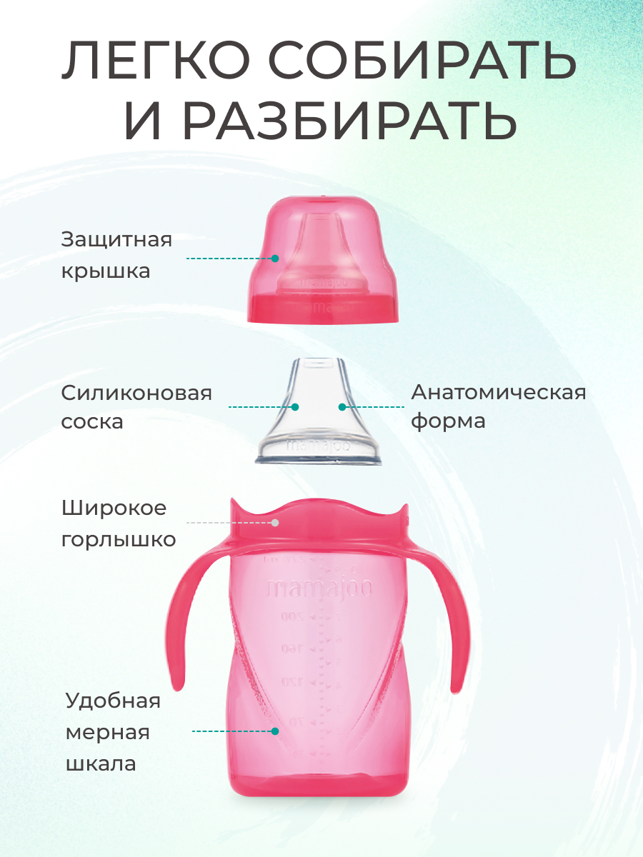 Поильник Mamajoo антиколиковый непроливайка с ручками 270мл 6+мес розовый - фото 2