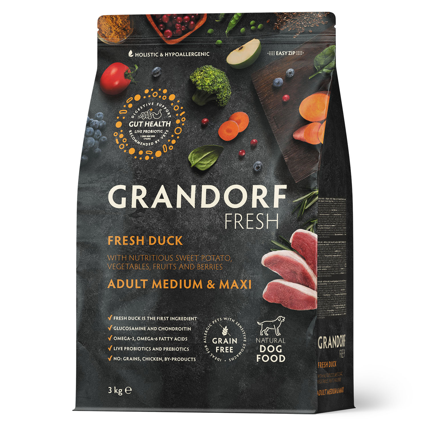 Корм для собак GRANDORF FRESH Fresh Dog Adult Med/Maxi Duck/Sweet Potato сред и круп пород Свежее мясо утки 3кг беззерн с жив пробиот - фото 1