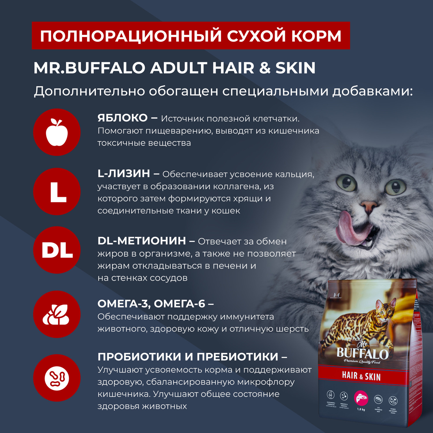 Сухой корм для собак Mr.Buffalo 1.8 кг (при аллергии и заболеваниях кожи, полнорационный) - фото 4