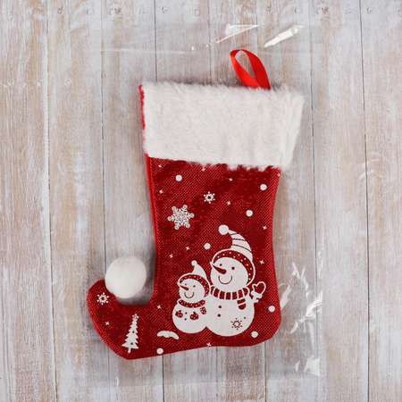 Носок Зимнее волшебство для подарков«Волшебство»Снеговики. 18х25 см. бело красный