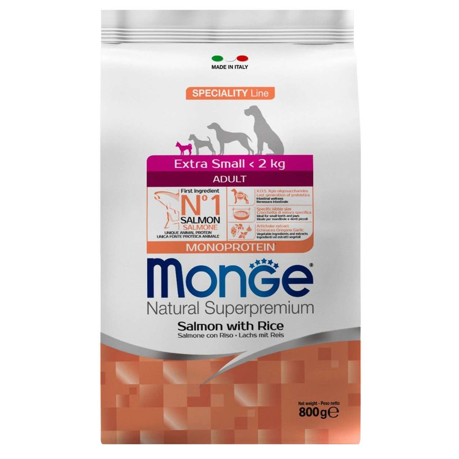 Корм для собак MONGE Monoprotein Extra Small миниатюрных пород лосось с рисом 800г - фото 1
