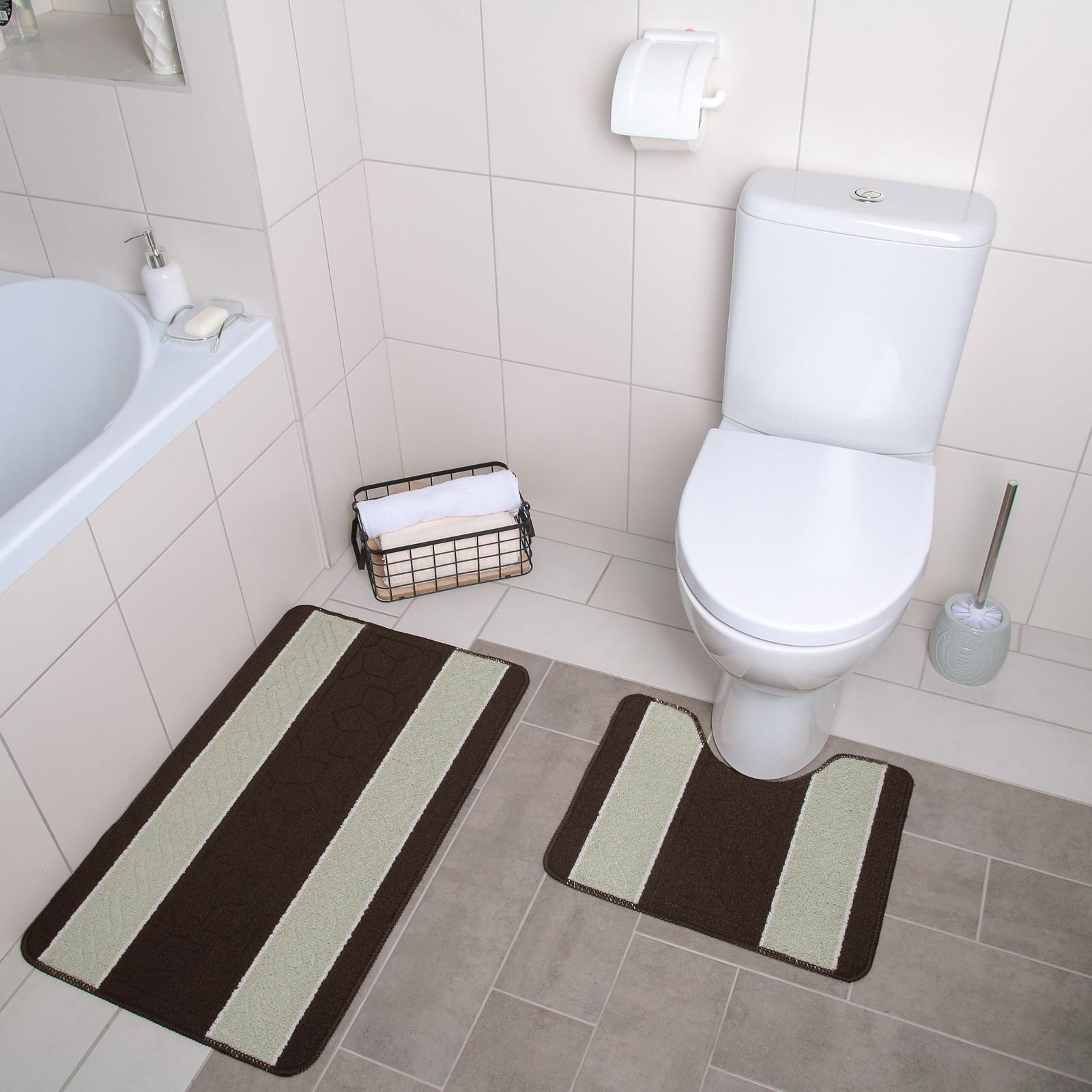 Набор ковриков Доляна для ванной и туалета «Полосатый» 2 шт: 78×475 40×475 см цвет бежево-коричневый - фото 2