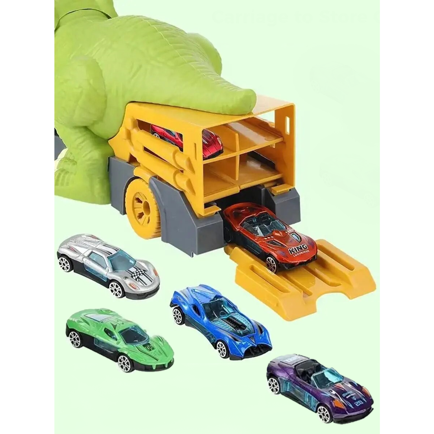 Игровой набор машинок GRACE HOUSE автовоз с 6 металлическими машинками Динозавр поглотитель Igrnab3aЗеленый - фото 2