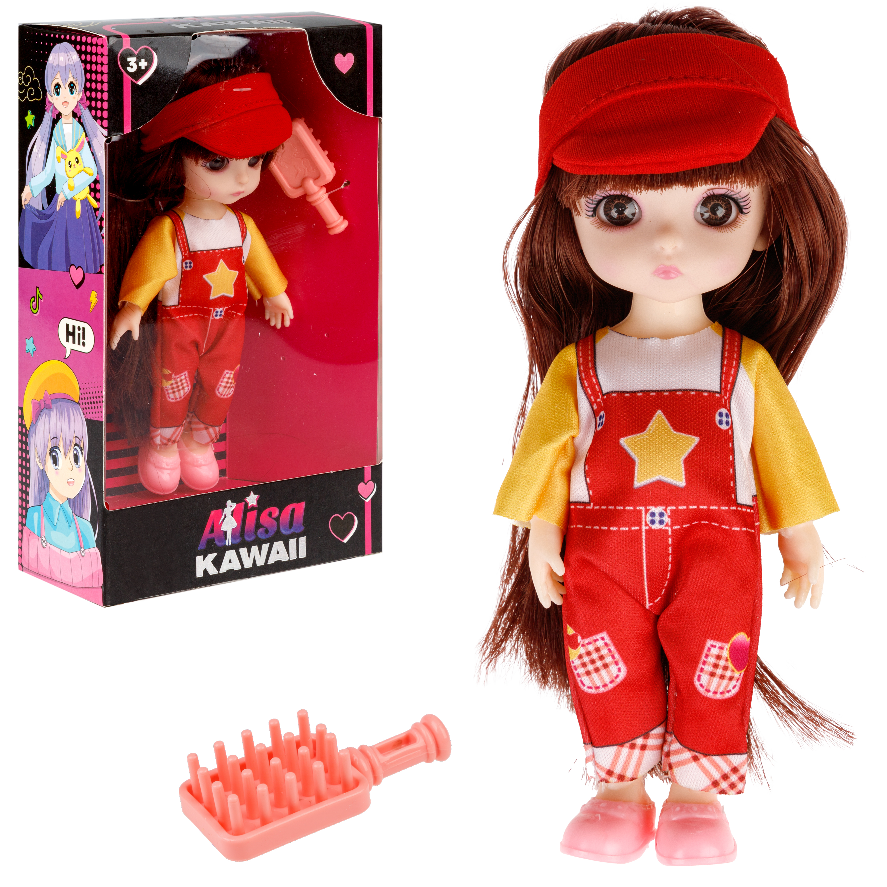 Кукла шарнирная 15 см 1TOY Alisa Kawaii mini с расчёской длинные темные волосы в красной кепке Т24350 - фото 8