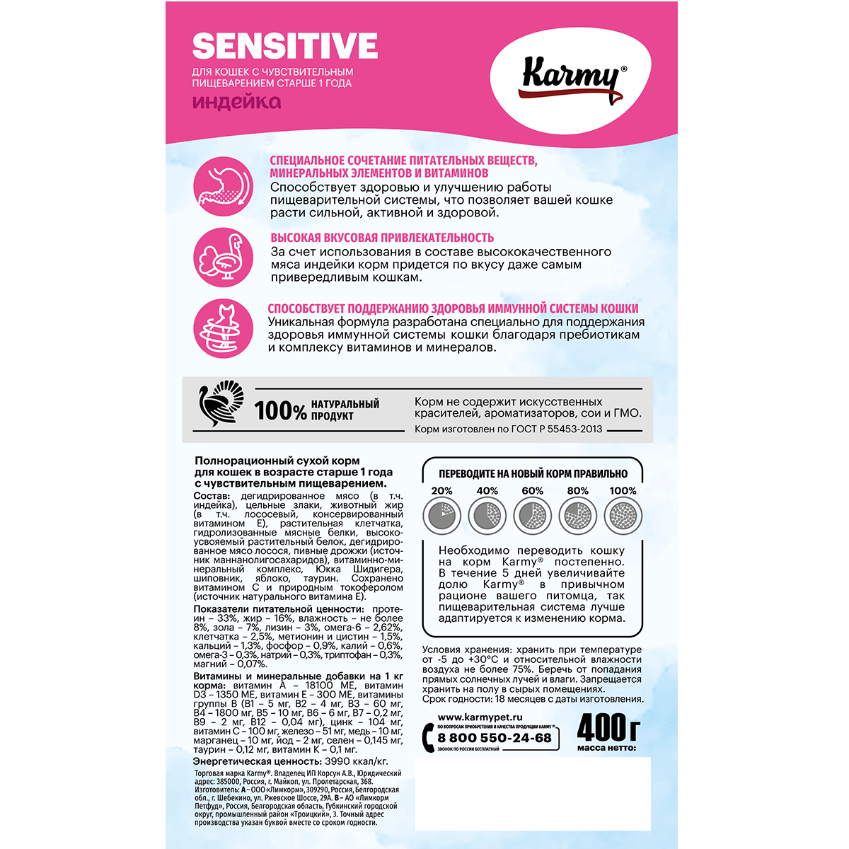 Корм для кошек Karmy 400г Sensitive с чувствительным пищеварением индейка - фото 2