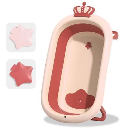 Ванночка складная детская WiMI с матрасиком и термопробкой розовая