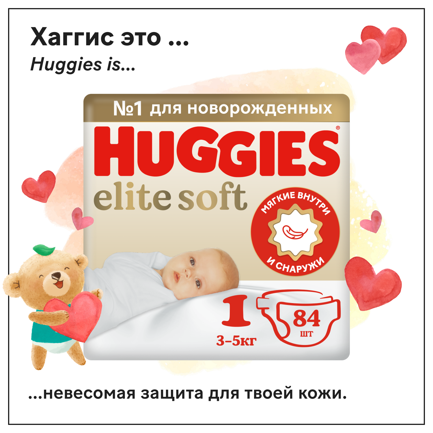 Подгузники Huggies Elite Soft для новорожденных 1 3-5кг 84шт - фото 1