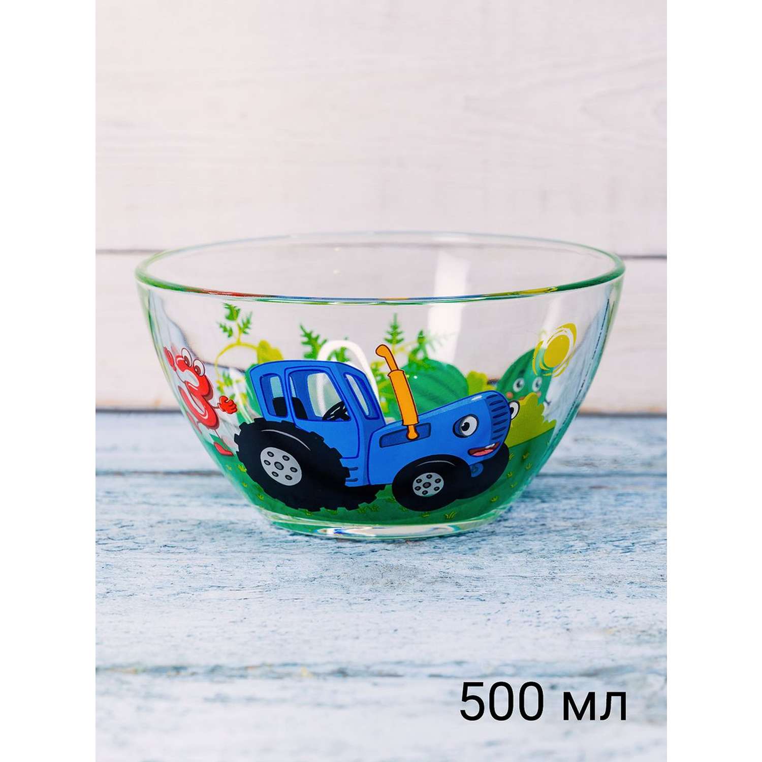 Набор детской посуды Синий трактор из стекла - фото 3