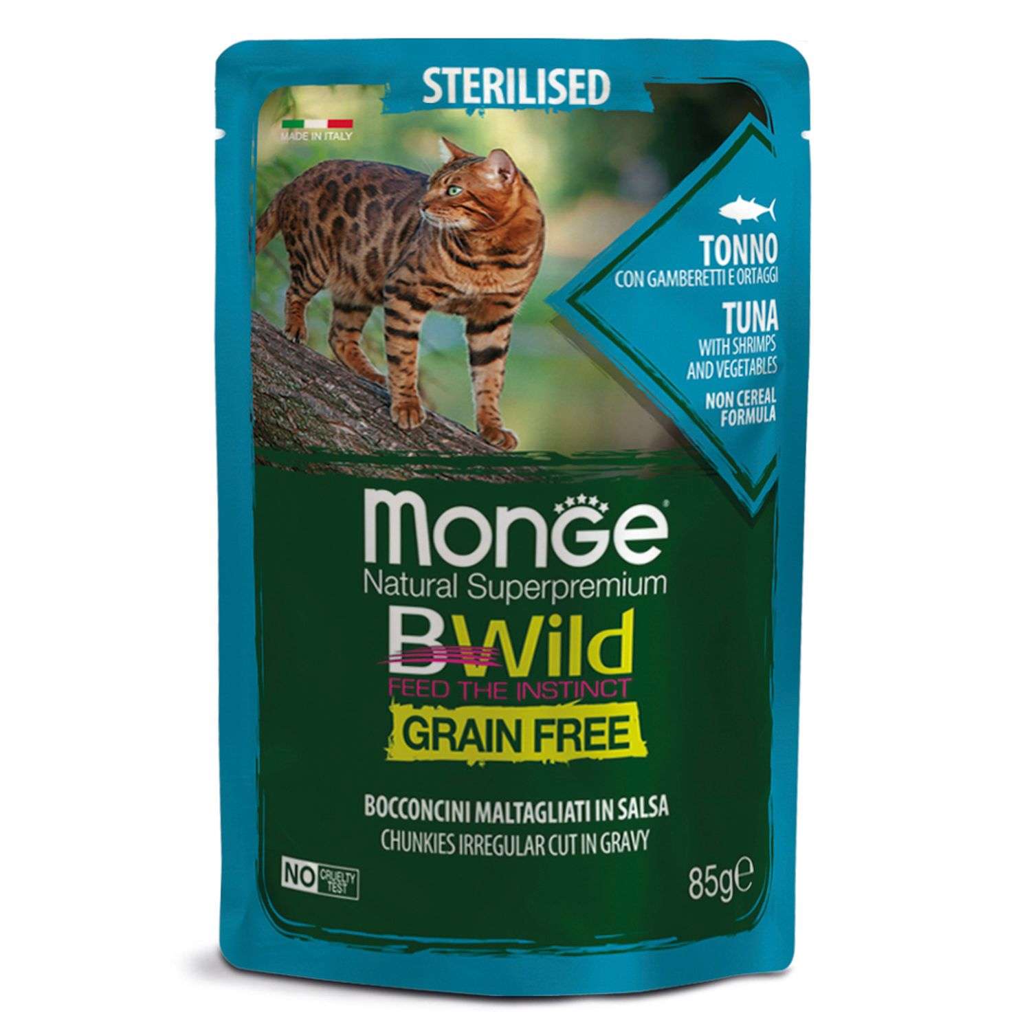Корм для кошек MONGE Cat BWild Grain Free для стерилизованных беззерновой из тунца с креветками и овощами пауч 85г - фото 1
