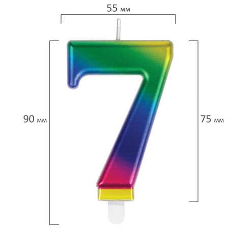 Свеча для торта Золотая сказка цифра 7 Радужная 9 см с держателем в блистере