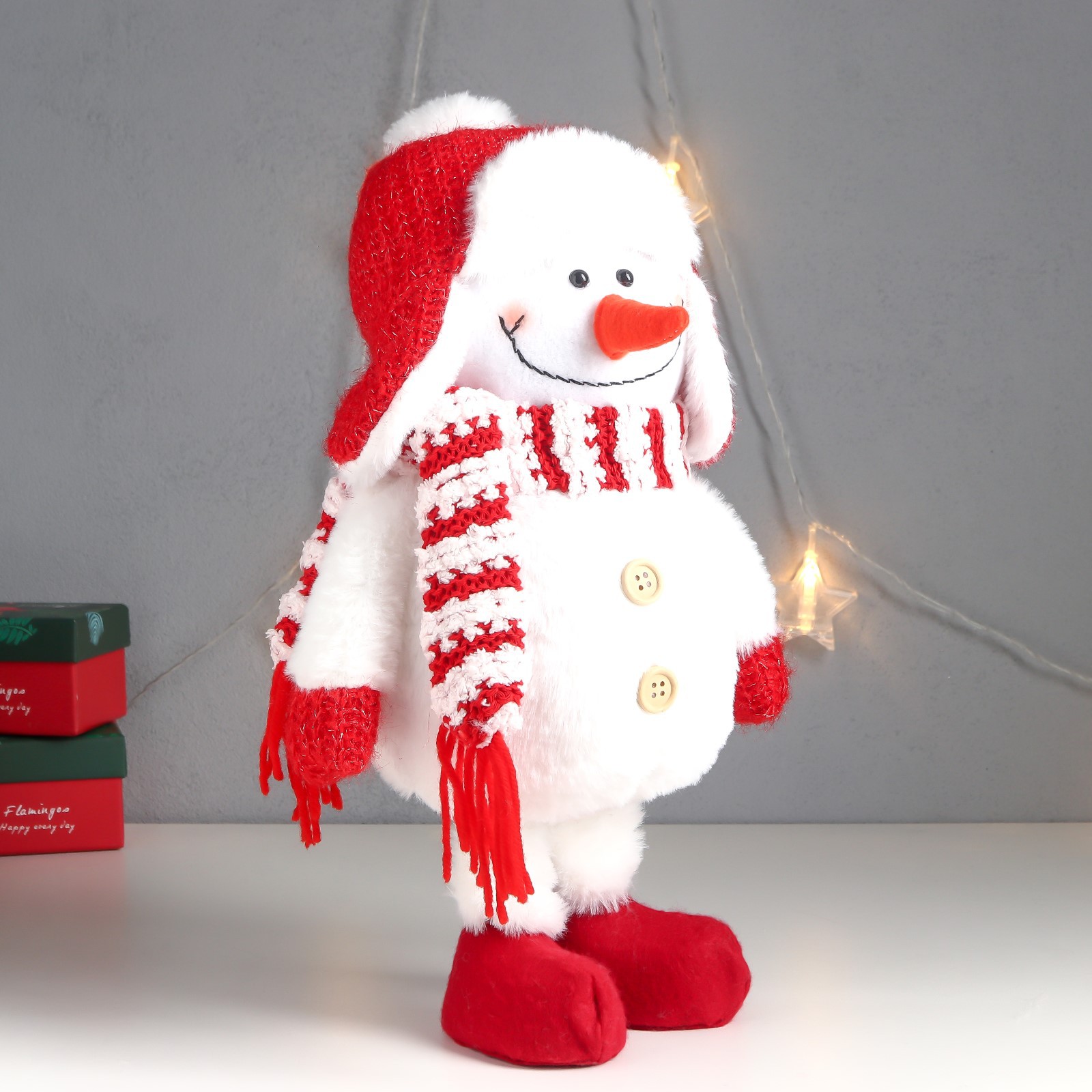Кукла интерьерная Зимнее волшебство «Снеговик в красной шапке-ушанке с бомбошкой» 40х17х16 см - фото 2