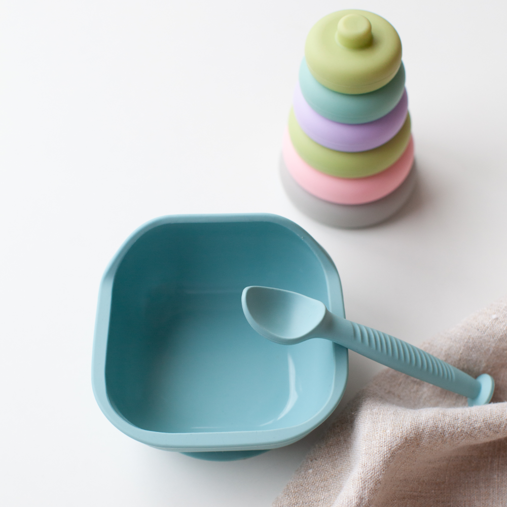 Набор детской посуды iSюминка Силиконовая тарелка на присоске и ложка Аквамарин - фото 17