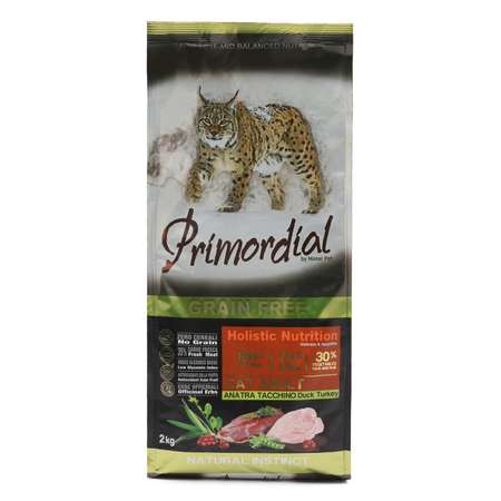 Корм сухой для кошек Primordial 2кг беззерновой утка-индейка