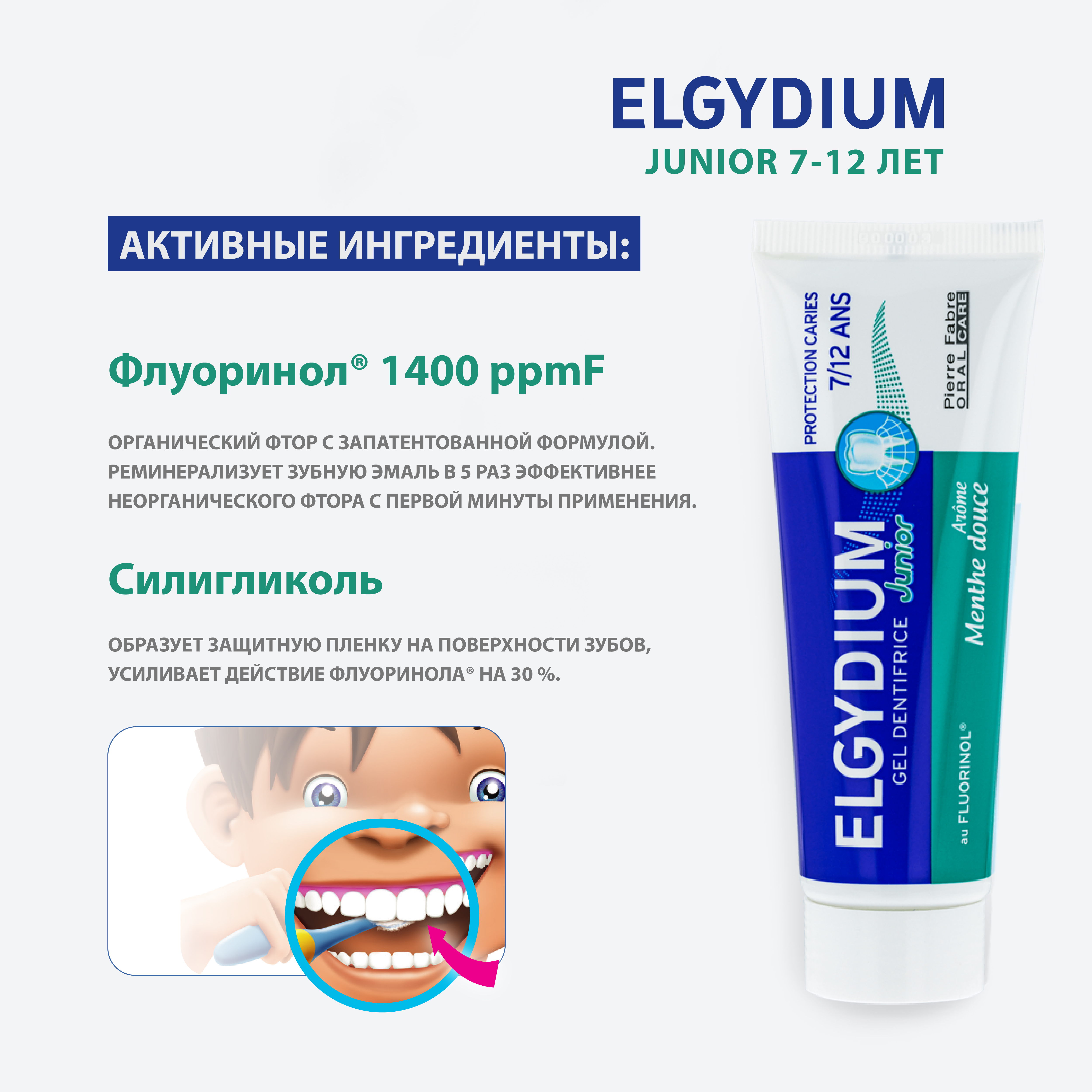 Зубная паста гель Elgydium Junior Защита от кариеса для детей от 7 до 12 лет со вкусом Нежной мяты 50 мл - фото 3