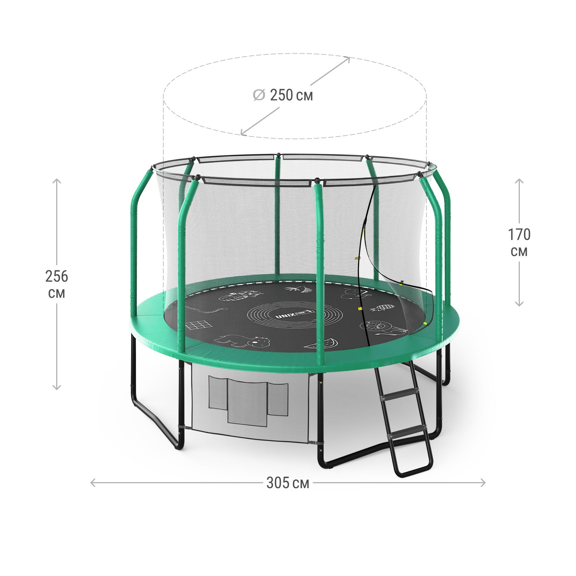 Батут каркасный Supreme 10 ft UNIX line game Green общий диаметр 305 см до 150 кг - фото 2