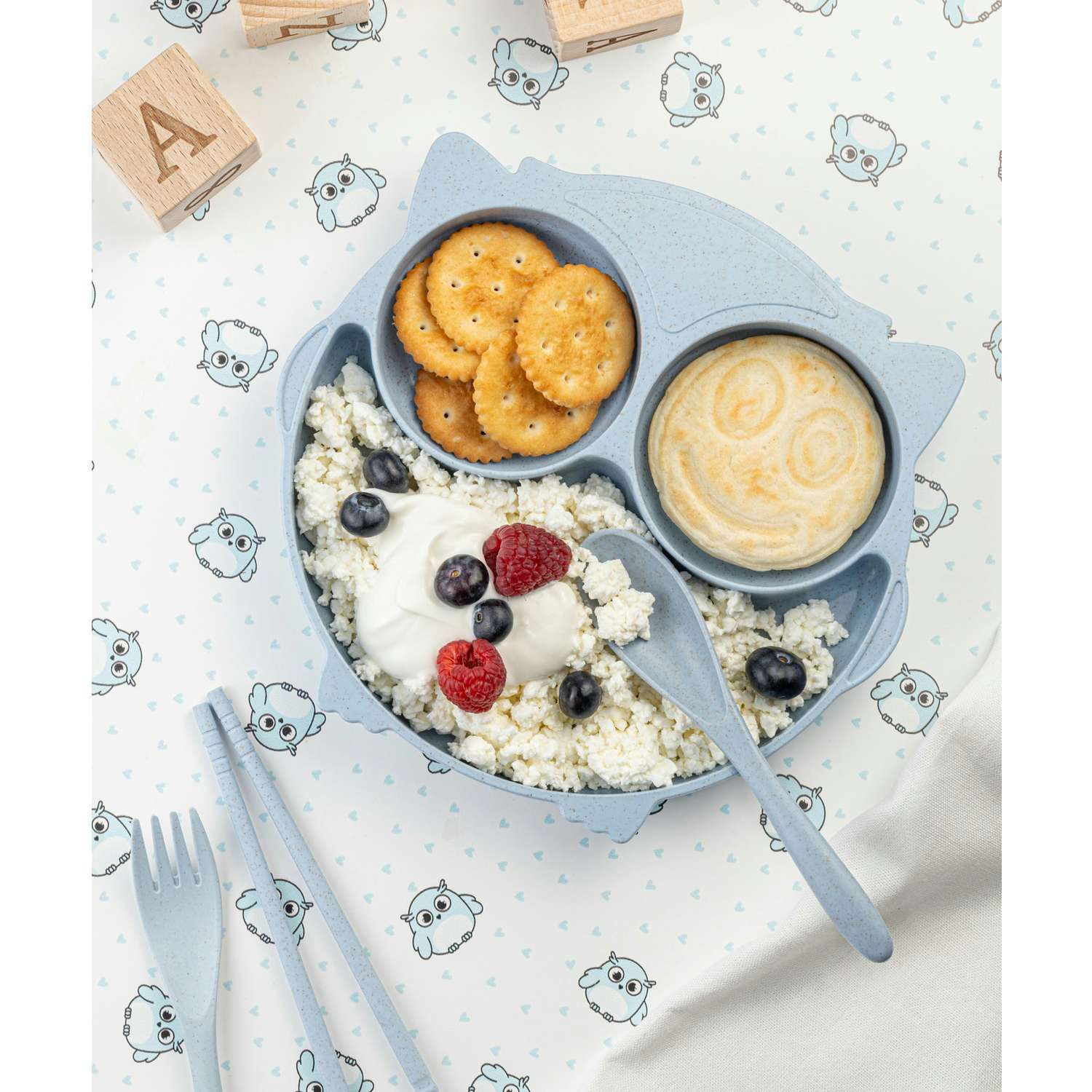 Набор детской посуды Добрый Филин Детская тарелка вилка ложка Совушка голубая 4 предмета - фото 7