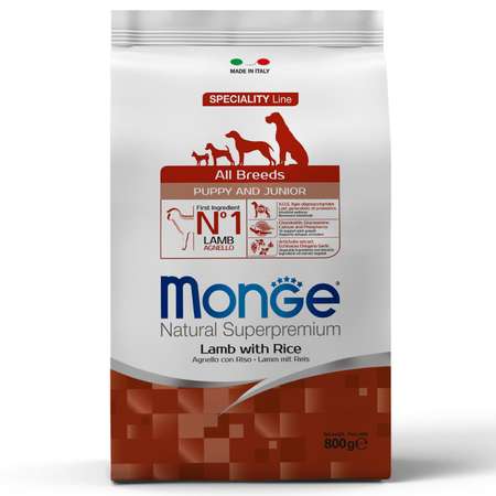 Корм для щенков MONGE Dog Speciality всех пород ягненок с рисом сухой 800г